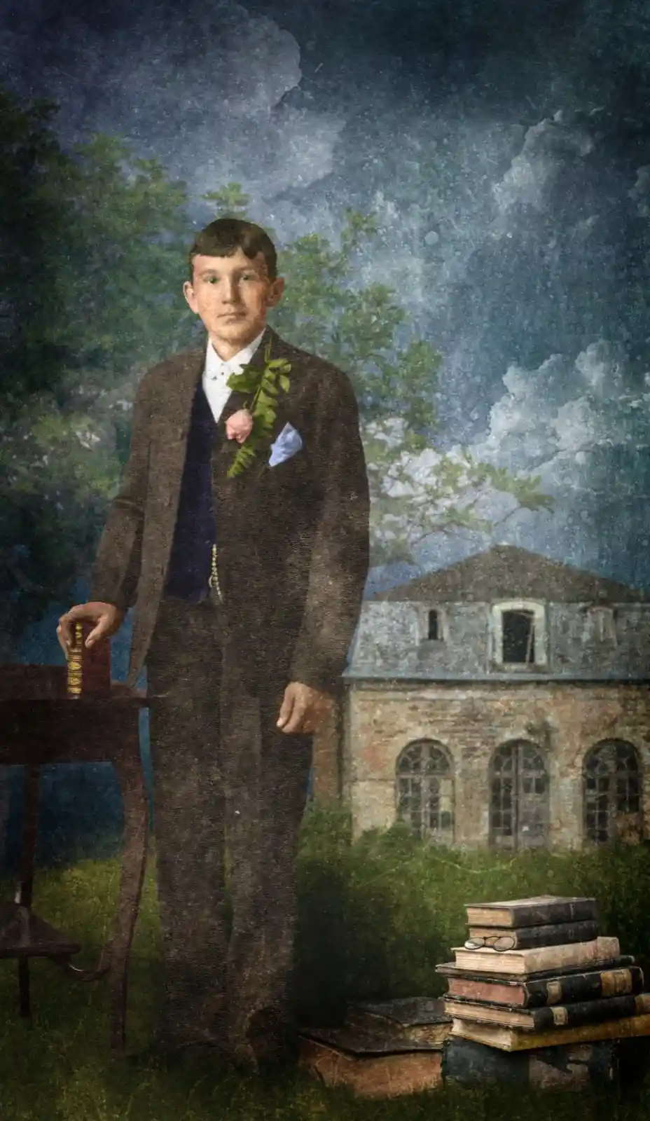 A young man, dressed in an early 20th-century suit, stands stoically with a stack of worn books by his side and a weathered old manor in the background. A sprig of greenery is tucked into his breast pocket, contrasting the gloominess of the surroundings. His eyes look forward, steady and expectant, as though he's waiting for an unseen hand to turn the next page of his life's story.