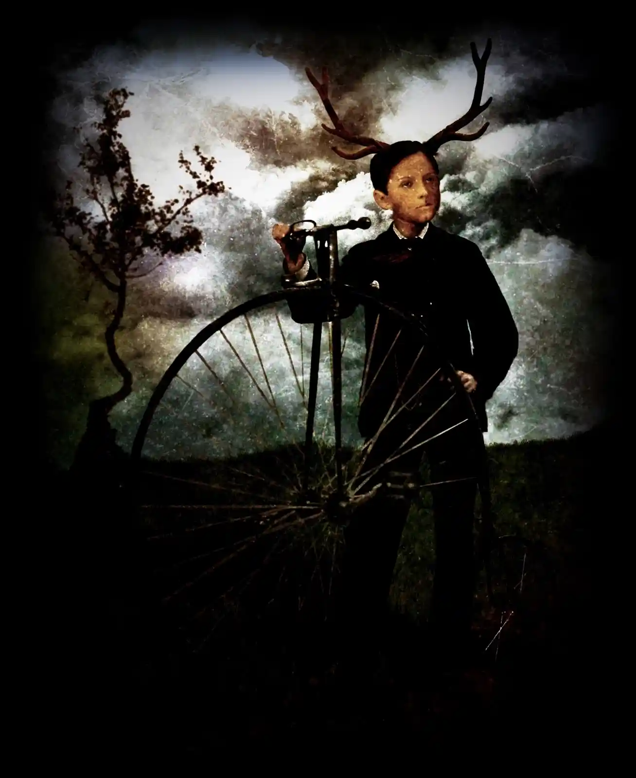 In a dimly lit meadow under a brooding sky, a boy with solemn eyes stands beside an antique penny-farthing. Antlers sprout from his head, casting long shadows. The bicycle's wheel appears to merge with the landscape, suggesting a ride not of this world but of another place entirely—where the line between man and beast is as thin as the space between the turning of the spokes.