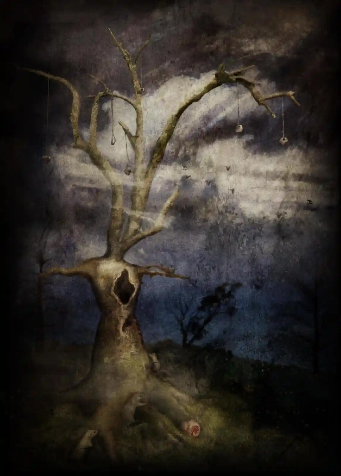 A twisted, skeletal tree stands against a dark sky, its roots thick and gnarled, its branches heavy with strange fruit. Silver pendulums hang from limbs like forgotten offerings. At its base, small creatures peer out from the shadows, their forms ghostly and indistinct. The tree bears the scars of something ancient, its hollow center a doorway to a world where shadows speak and secrets grow.