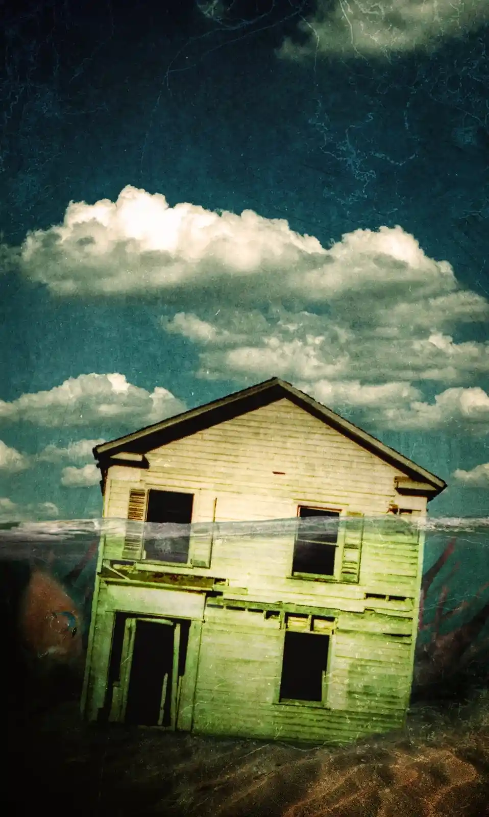  A weathered, pale-green house stands, half-submerged, under a sea-green sky. Its windows are empty and dark, sunken like dead eyes. Beneath it, murky water teems with hints of creatures and forgotten debris, a sunken world where reality bends. Above, a single, dense cloud hangs heavy, mirroring the mystery below, as though the house has sunk from the heavens into a forgotten sea.