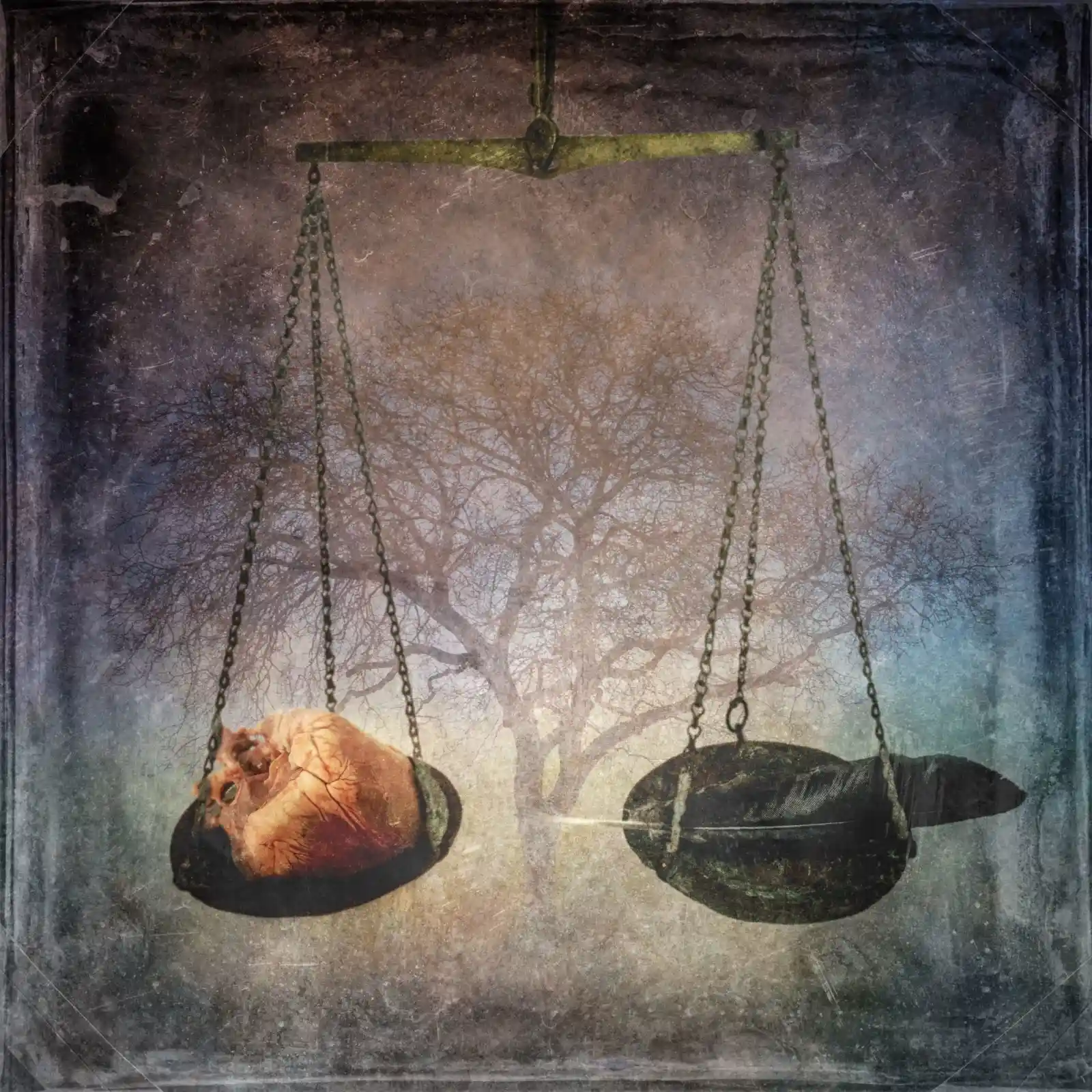 A surreal image of a scale hanging in an empty, misty field. On one side, a human heart, veins visible and throbbing. On the other, a large raven feather, light and dark, stark against the soft pastel sky. A leafless tree stands ghostly in the background, a testament to choices made and those left behind. The scene captures a delicate balance of life, mortality, and the things that linger unseen.